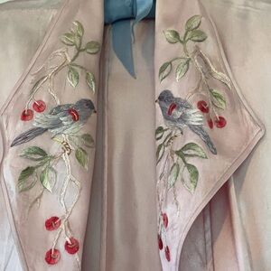 1940’s silk satin robe. Embroidered birds and berries. Needs an oxyclean.